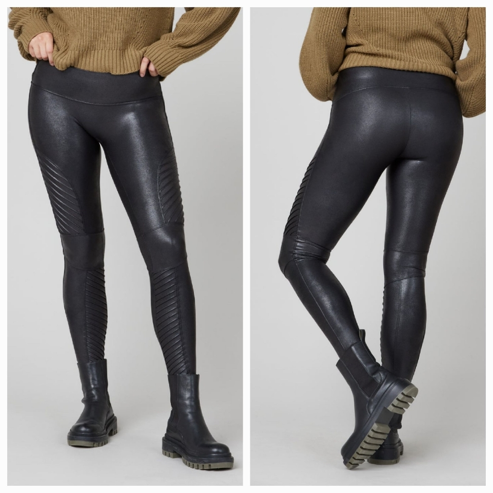 Spanx Black Faux Leather Stretchy Pull On Moto Leggings size Small